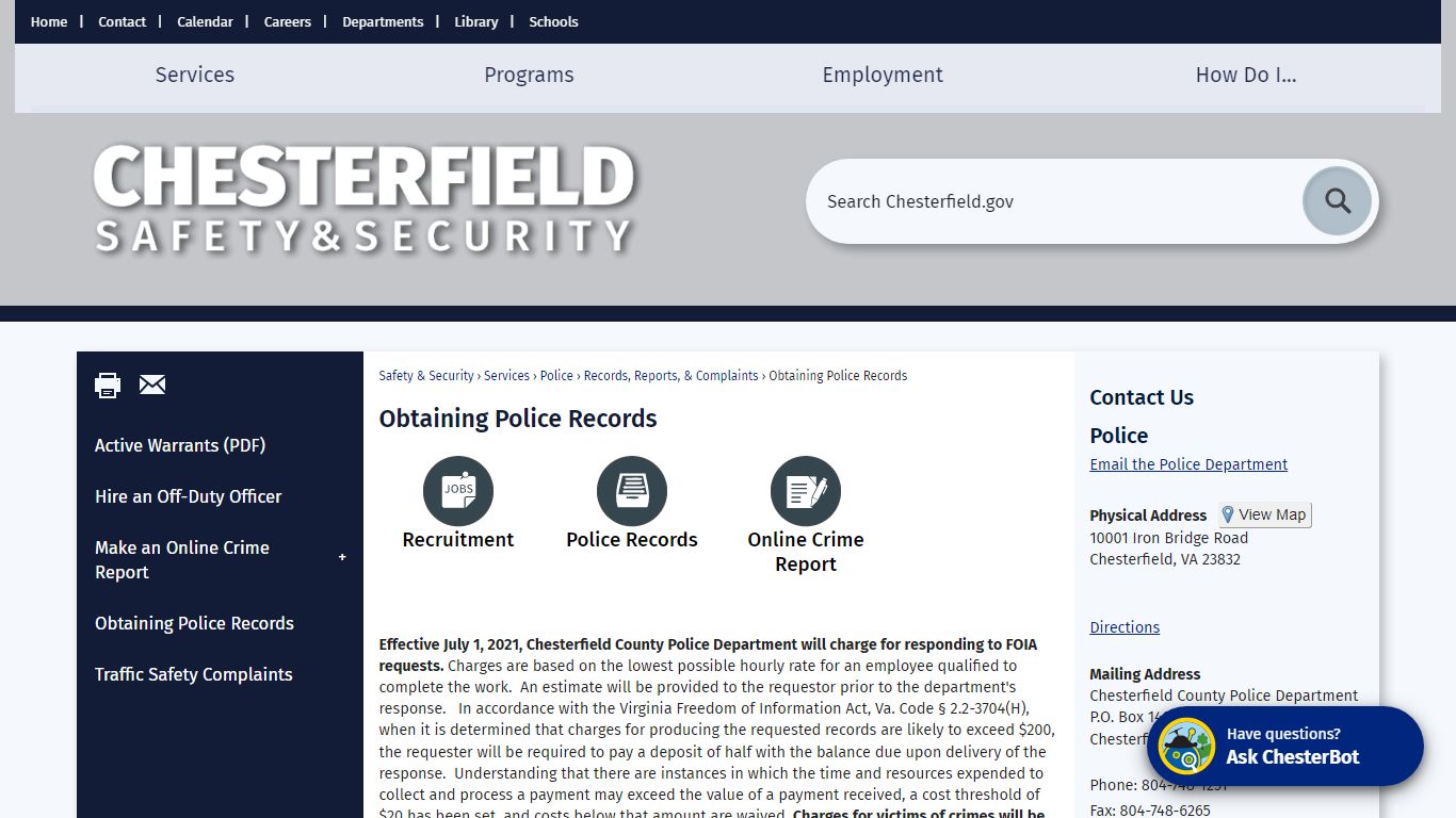 Obtaining Police Records | Chesterfield County, VA